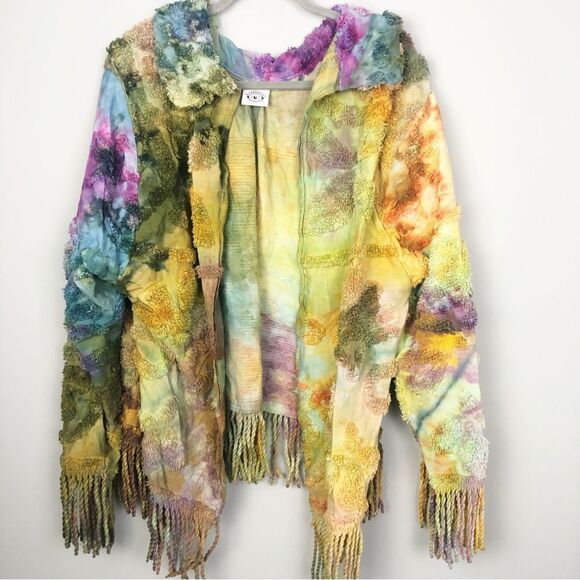 OSCILATEY | Art to Wear Tie Dye Fringe Multicolor Jacket Women’s Size X-Large - Picture 1 of 9
